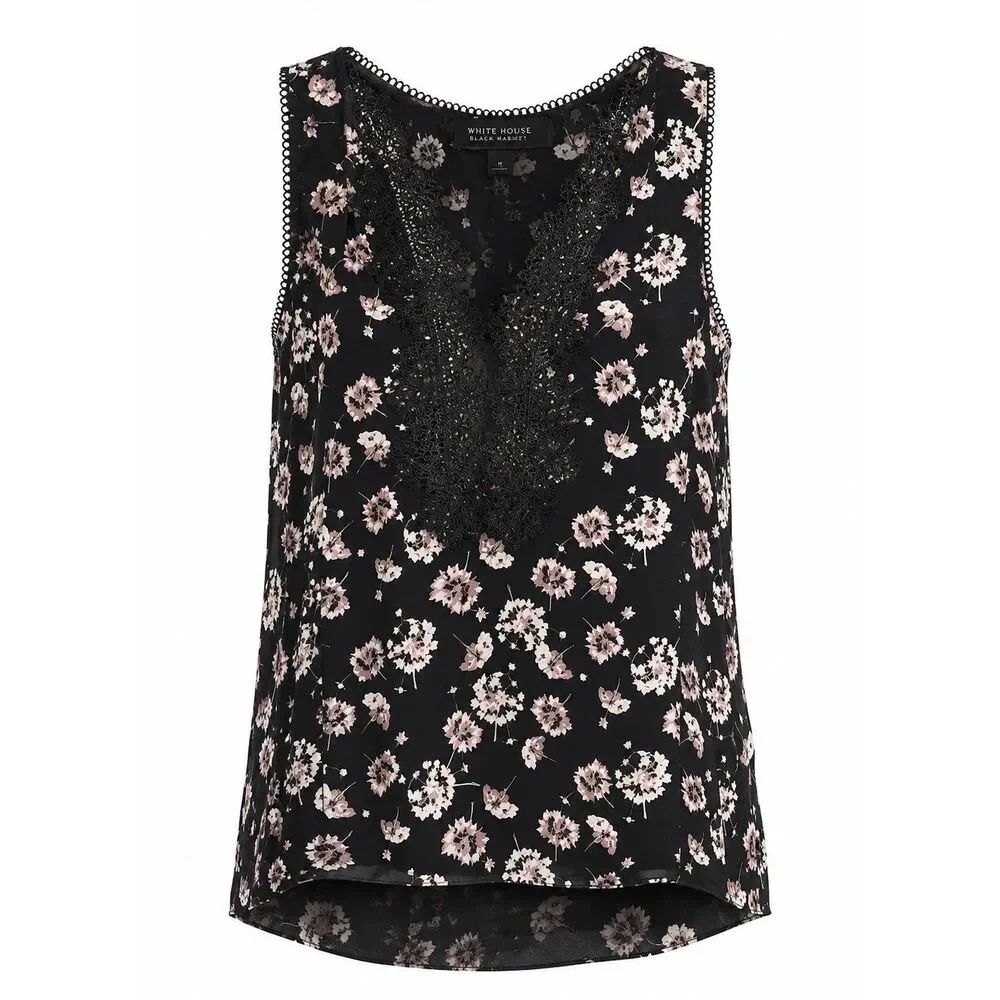 White House Black Market Womens M Black Floral Lace Trim Sleeveless Blouse Top